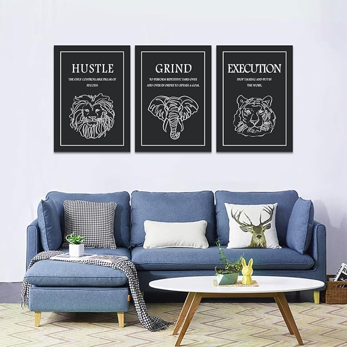 3 Panel Grind Hustle Execution Wall Art - Black & White Motivational Wall Decor Office Pictures Artwork Inspirational Quote Canvas Prints for Living Room Gym Home, Framed & Ready to Hang 20"x28"x3