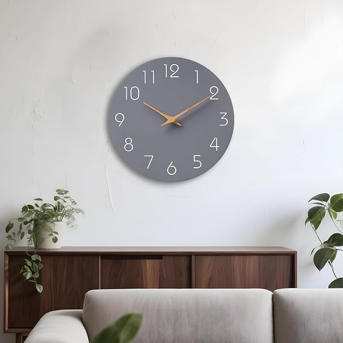 Mosewa Wall Clock Silent Non Ticking Decorative for Kitchen Bedroom Bathroom Office Living Room Battery Operated 10 Inch Gray Modern