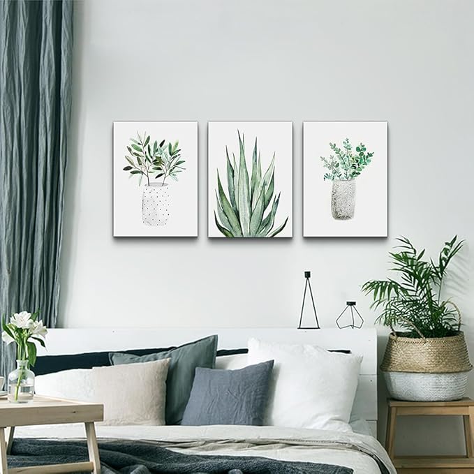 Lapremoly Large Canvas Wall Art For Living Room Wall Decor For Bedroom Kitchen Dining Room Decoration Leaf Abstract Pictures Office Room Home Walls Artwork Green Plants Ink Wall Paintings 3 Piece