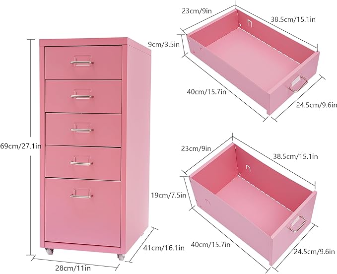Metal File Storage Cabinet,Side Storage Organizer,Freestanding Storage Unit,Metal Garage Storage Drawer,Storage Cabinet with 5 Drawers and Wheels for Office,Home,School，Pink,11 * 16.1 * 27.1in