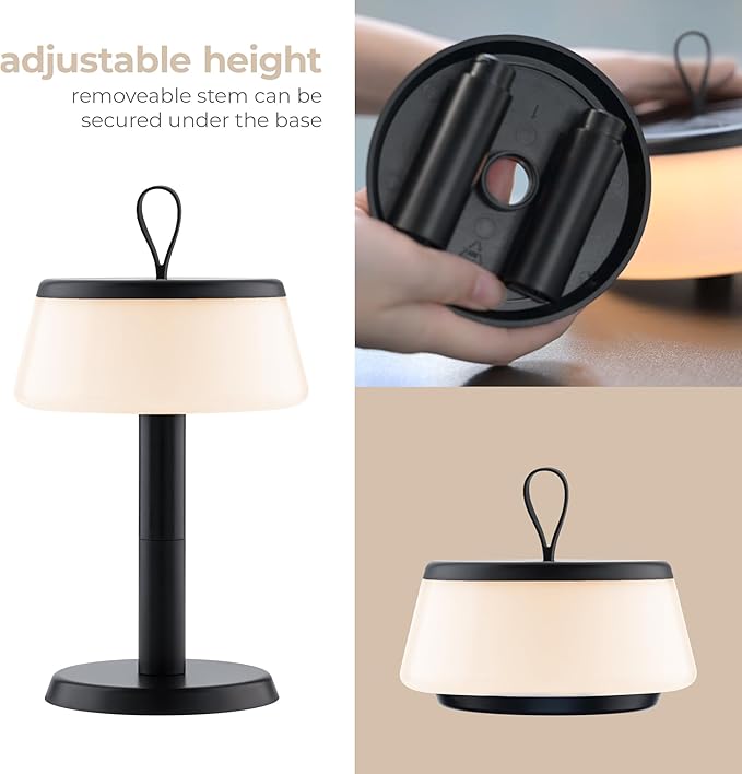 Campura LED Cordless USB-C Re-Chargeable Desk Lamp, 5200mAh Battery Operated with Fingertip Touch Dimming On/Off and Adj Height Stems or Lantern Mode in White