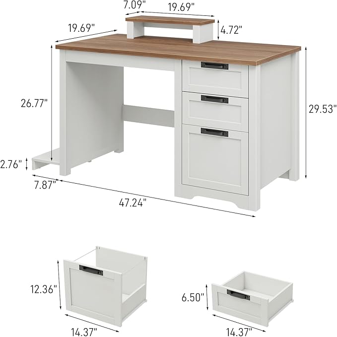 Farmhouse 47.2” Computer Desk with Adjustable File Drawer, 3 Drawers Reversible Executive Desk with PC Case Stand & Movable Monitor Stand , Workstation for Home Office, Study, Writing,(Unique White)