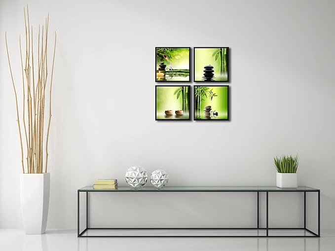 Pyradecor 4 Panels Framed Canvas Wall Art Contemporary Zen Canvas Prints Perfect Bamboo Green Pictures Paintings Artwork for Home Office Decorations