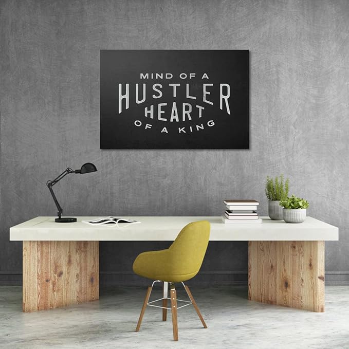 Mind Of A Hustler Heart Of A King - Inspirational Contemporary Entrepreneur Quotes Canvas Wall Art Black and White Motivational Framed Artwork HD Print Easy to Hang-36 Wx24 H