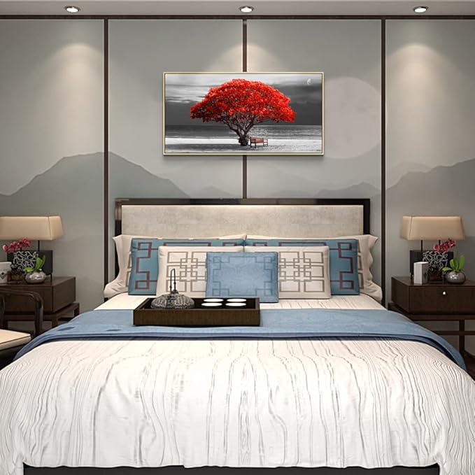 Framed Wall Decor Living Room Large Size Canvas Wall Art Black White With Landscape Moon Painting Red Trees Canvas Pictures Artwork Office Decor Boho Home Decorations Natural Wood Framed 20" X 40"