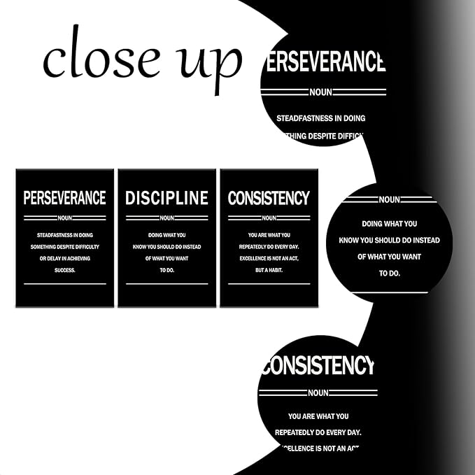 3 Pieces Motivational Posters Wall Decor Perseverance Discipline Consistency Inspirational Office Gym Positive Theme Picture Print for Living Room Workplace Stretched and Framed [60''W x 28''H]