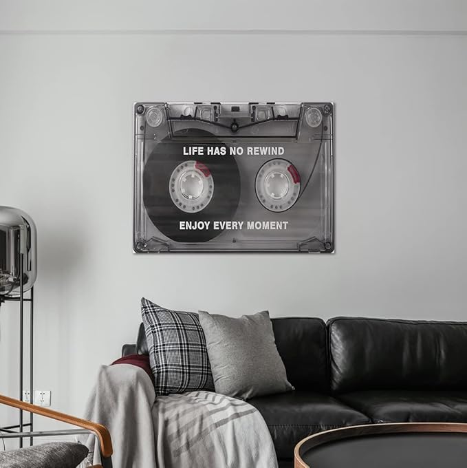 Life Has No Rewind Enjoy Every Moment-Inspirational Office Wall Decor Canvas Art Audio Cassette Framed Art Vintage Cassette Canvas Wall Art Motivational Gift Wooden Framed Ready to Hang-24x18 inches