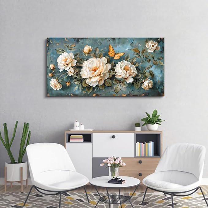 hyidecorart Wall Decor For Living Room Canvas Wall Art Bedroom Office Decorations Modern Family Wall Paintings White Flowers Pictures Artwork Posters Ready To Hang Large Framed Aesthetic Home Decor