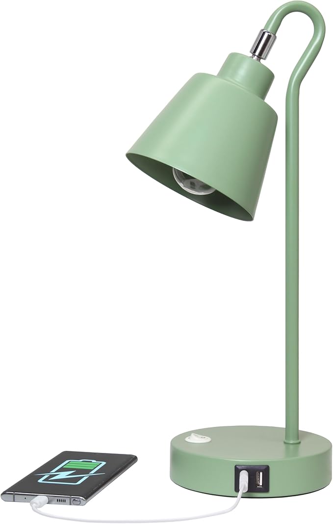 Simple Designs LD1073-SGE 16" Sleek Essentials Metal Looped Desk Task Lamp with Adjustable Shade and Dual USB Ports, for Office, Desk, Nightstand, Sage Green