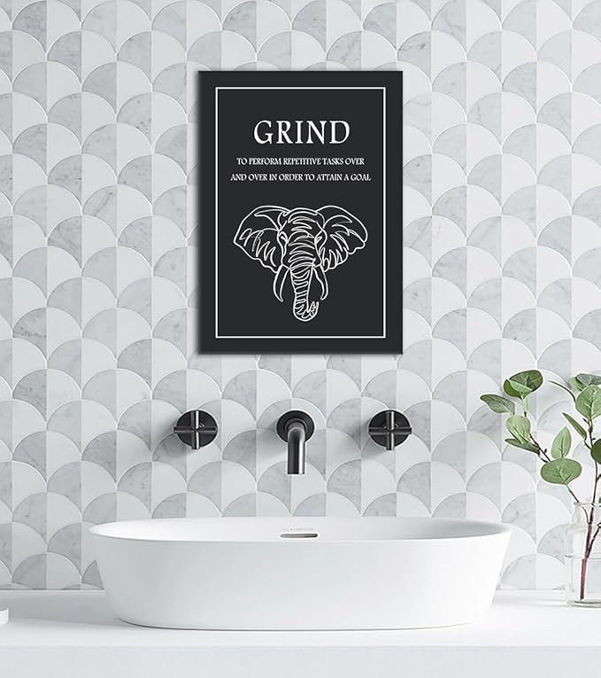 Grind Motivational Wall Art - Black and White Elephant Line Drawing with Inspiring Quote Canvas Print Entrepreneurial Success Poster Inspirational Wall Decor for Office Home Workplace, Framed 12"x16"