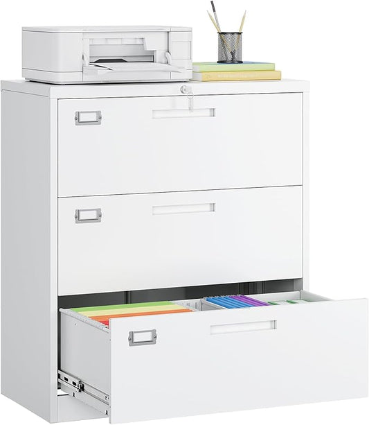 MIIIKO 3 Drawer Lateral File Cabinet with Lock, White Lateral Filing Cabinet, Large Deep Drawers Locked by Keys, Metal Storage File Cabinet for Hanging Files Letter/Legal/F4/A4 Size