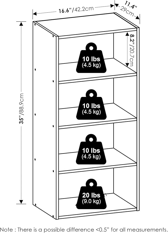 Furinno Basic Book Shelf, 4-Tier Bookcase with Open Shelf, Bookshelf, Cube Storage Organizer, 11 x 17 x 35, for Living Room, Bedroom, Home Office, Espresso