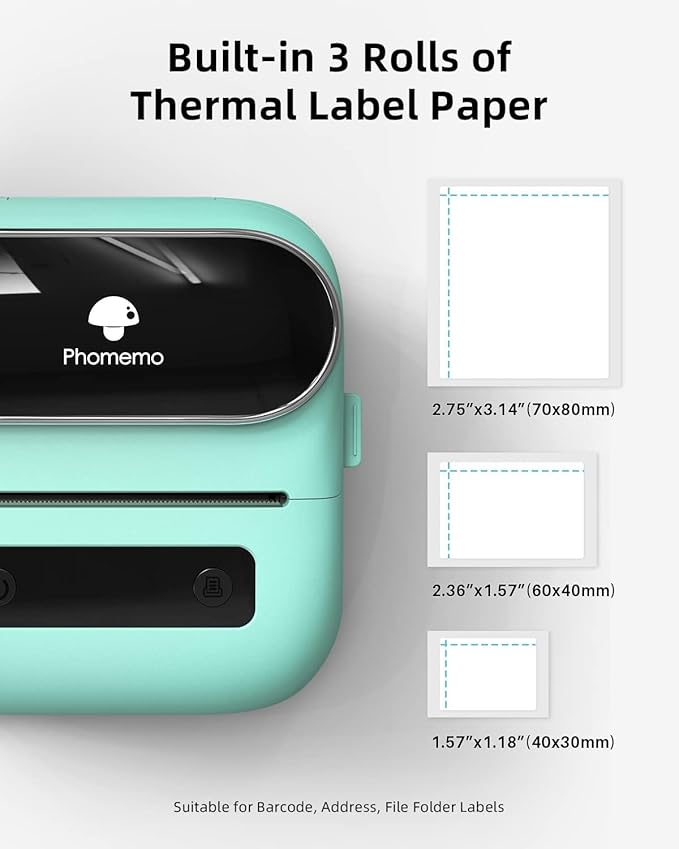 Phomemo M220 Label Maker Green & 1 Roll Transparent Thermal Label 1.96"x1.18"(50x30mm), Upgrade 3 Inch Barcode Portable Printer, for Office & Small Business, Compatible with Phones&PC