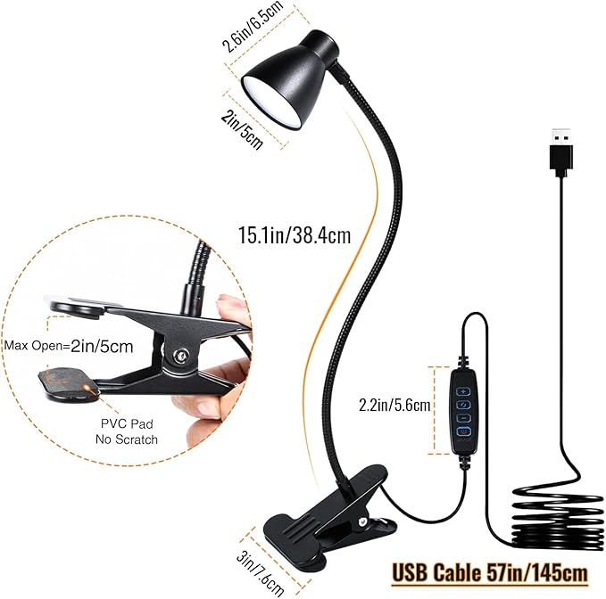 2 Pack Clip Desk Lamp, Ultra-Flexible Gooseneck Clip Reading Lights, 3000K-6500K Adjustable Color Temperature & Brightness, 6W Eye-Care LED for Office, Study, Bedside(USB Adapter Included)