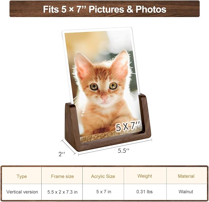 Mixoo 5x7 Picture Frame 2 Pack - Double Rustic Vintage Wooden Picture Frames 5x7 inch with Walnut Wood Base and High Definition Break Free Acrylic Glass Covers for Tabletop or Desktop Display ( 5x7 inch, Vertical + Vertical)
