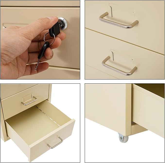 Vertical File Cabinets | 6 Drawer File Cabinet with Lock | Steel Lockable Storage Cabinets | Metal S-torage Cabinet for Home Office | storage A4/F4/Letter/Legal | With 4 Wheels | 2X Keys (Beige)
