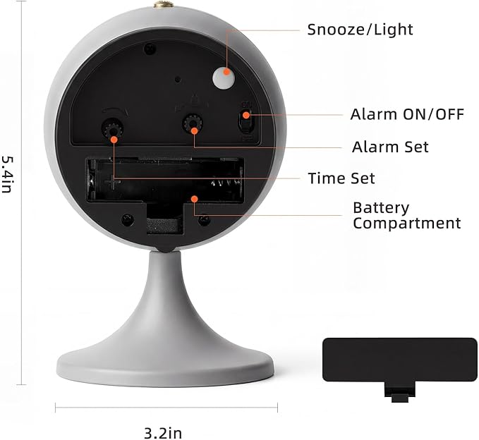Analog Alarm Clock, Mid-Century Modern Desk Clock, Silent Non-Ticking Quartz Table Clock with Gold Hands, Battery Operated Decorative Clock for Bedroom, Office, Living Room (Grey)