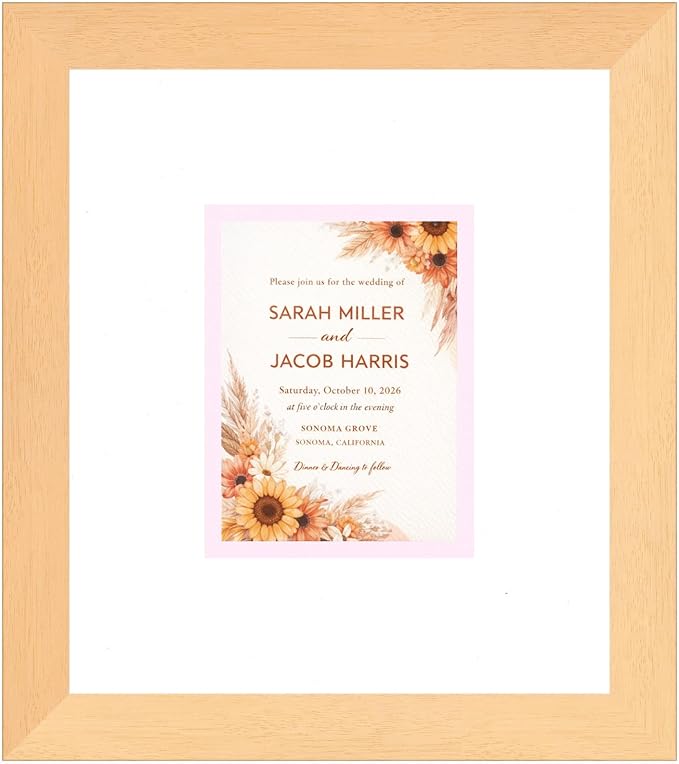 Poster Palooza Wedding Invitation Display Frame 10x11.25 in Natural With White and Pink Double Mat for 4.25x5.5 A2 Keepsake | USA Made