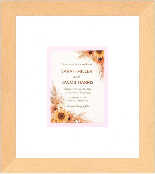 Poster Palooza Wedding Invitation Display Frame 10x11.25 in Natural With White and Pink Double Mat for 4.25x5.5 A2 Keepsake | USA Made
