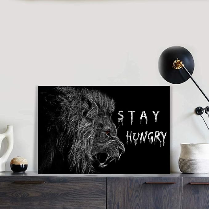 Black White Inspirational Framed Office Canvas Animals Wall Art with Positive Quotes-Stay Hungry Wall Pictures Poster and Prints HD Print for Living Room Bedroom Wall Decor Ready to Hang- 16x12 inches