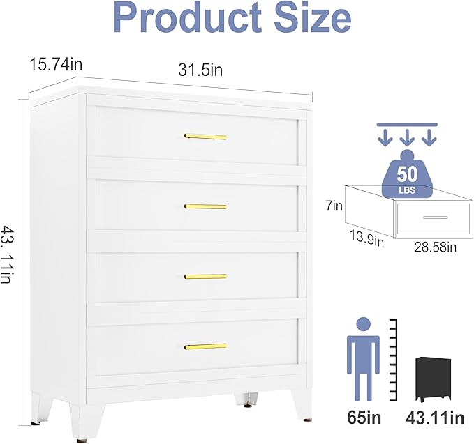 Tall 4 Drawers Dresser for Bedroom, Metal Drawer Dresser Chest Organizer, 4 Drawer Metal File Cabinet, Drawer Cabinet for Home Office Collection and Storage Small Size Files (White)