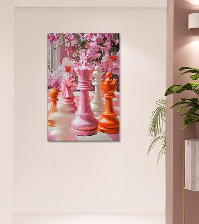 Chess Pictures Wall Art - Trendy Canvas Prints Chess Wall Decor Intelligence Game Challenge Poster Chessboard Painting Pink Aesthetic Artwork for Bedroom Living Room Home Office, Framed 28"x 44"
