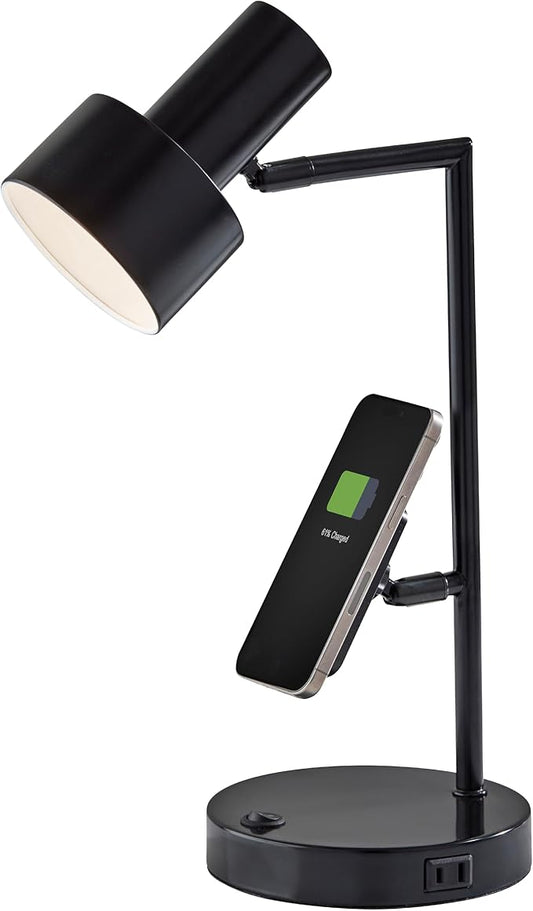 Adesso Supercharger Lamp with USB-A, USB-C, AC Outlet & Wireless Charging Pad – Black Desk Lamp with Adjustable Shade and Power Station Base for Home, Office, or Dorm