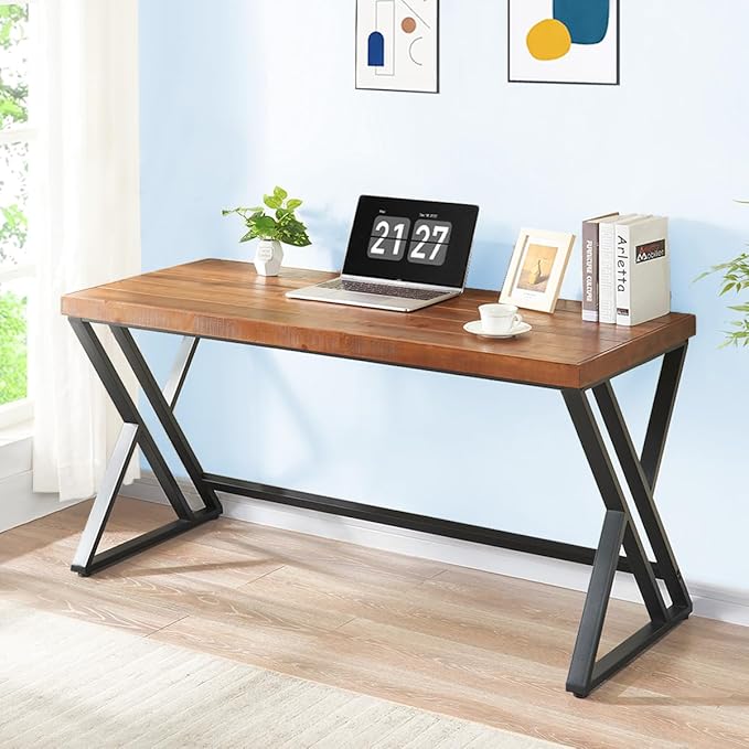 Real Wood Computer Desk, Modern Natural Wood Home Office Desk, Rustic Solid Wood Work Study Writing Desk, Farmhouse Workstation PC Gaming Executive Table for Bedroom, Brown, 47 inch