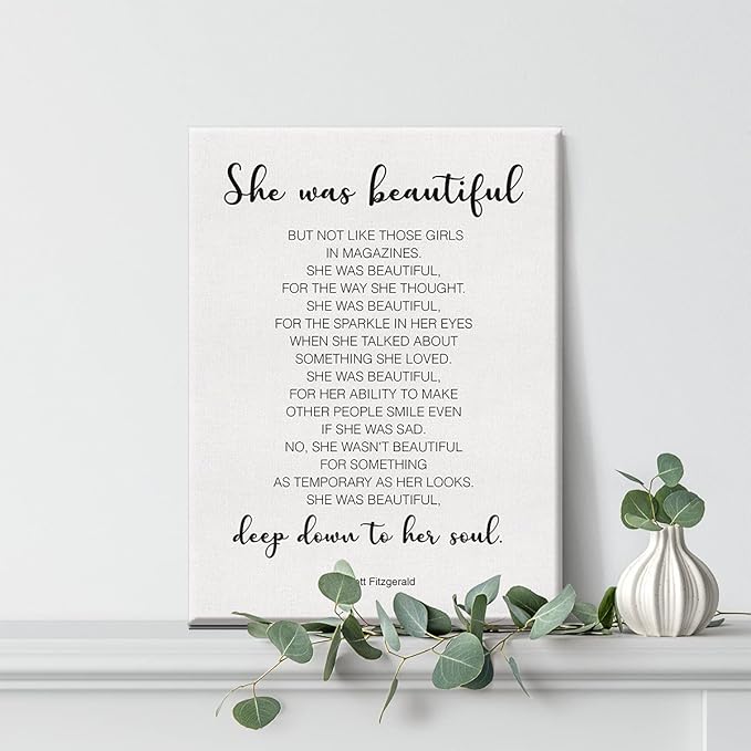 Inspirational Wall Decor She Was Beautiful F. Scott Fitzgerald Quote Canvas Painting Prints for Home Dining Room Living Room Wall Decor Framed Artwork Gifts(12x15 Inch)