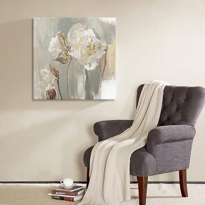 Goldfoilart Floral Wall Art Gold Pictures White Flower Canvas with Gold Foil Embellishment Paintings Textured Poster Framed Artwork for Living Room Bedroom Office Decorations 24" x 24"