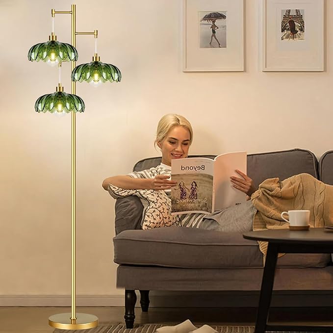 Gold Floor Lamps for Living Room Bedroom-3 Light Glass Floor Lamp with Three Led Bulb,Mid Century Standing Lamp Vintage Brass Tall Lamp Tree Floor Lamp for Bedroom Corner