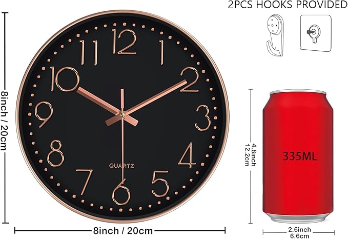 Silent Wall Clocks Battery Operated 8 Inch, Analog Wall Clock with Oversized Number Tempered Glass Clock Face, Non Ticking Wall Clocks for Living Room Bedroom Kitchen Office, Black Rose Gold
