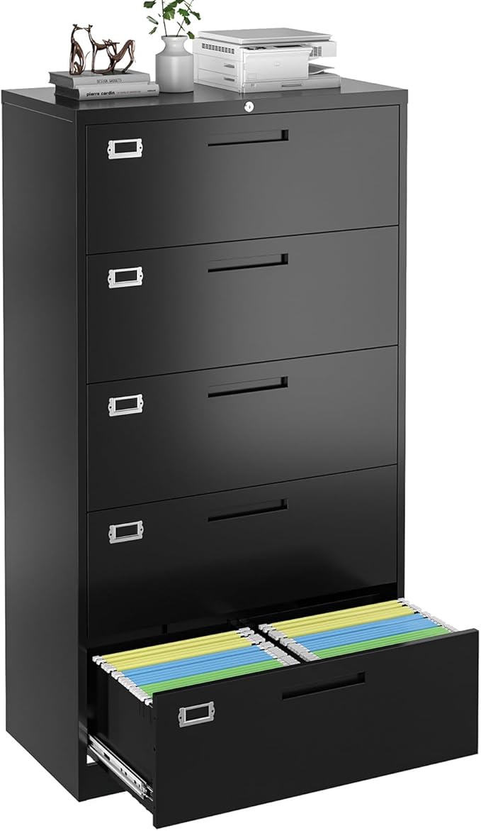 5 Drawer Lateral File Cabinet with Lock, Metal Filing Cabinets for Home Office, Wide Locking File Caninets, Black Office Storage Cabnet for Hanging Letter/Legal / A4 / F4 - Assembly Required