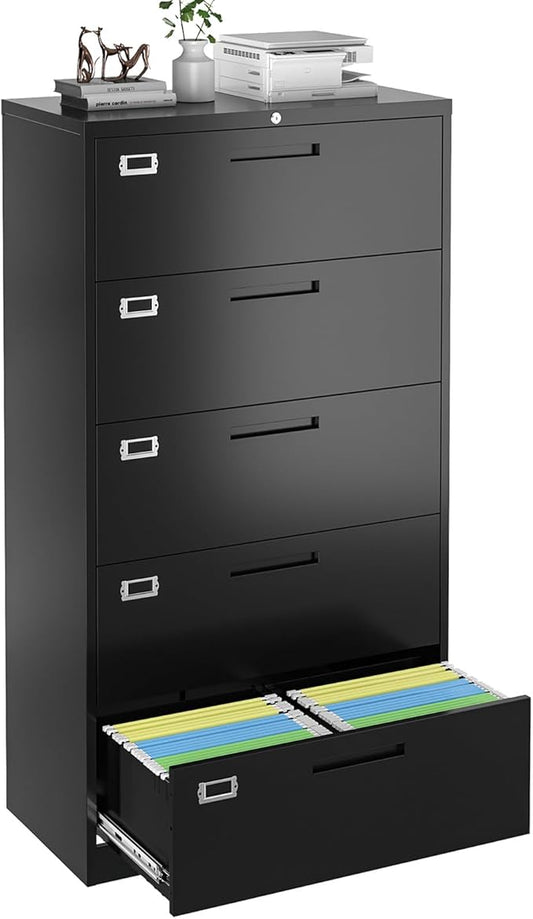 5 Drawer Lateral File Cabinet with Lock, Metal Filing Cabinets for Home Office, Wide Locking File Caninets, Black Office Storage Cabnet for Hanging Letter/Legal / A4 / F4 - Assembly Required