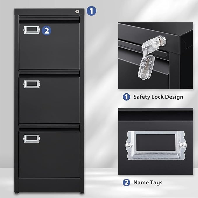 Black 3 Drawer File Cabinet,Metal Filing Cabinets with Lock,Office File Storage Cabinet for A4/Letter/Legal Size File(Assembly Required)