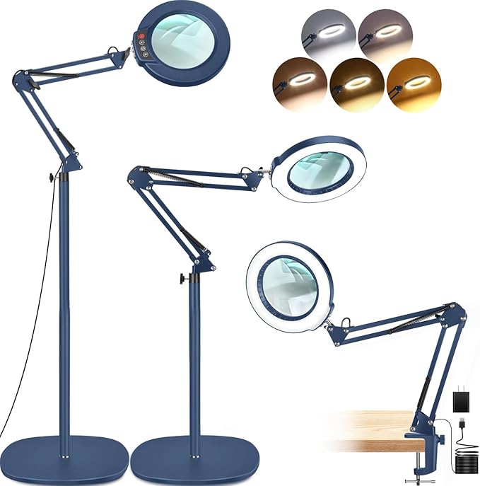 LANCOSC 10X Magnifying Glass with Light and Stand, 3-in-1 Adjustable Swing Floor Lamp, 5 Color Modes Stepless Dimmable, LED Lighted Hands Free Magnifier & Clamp for Reading, Crafts, Painting - Blue