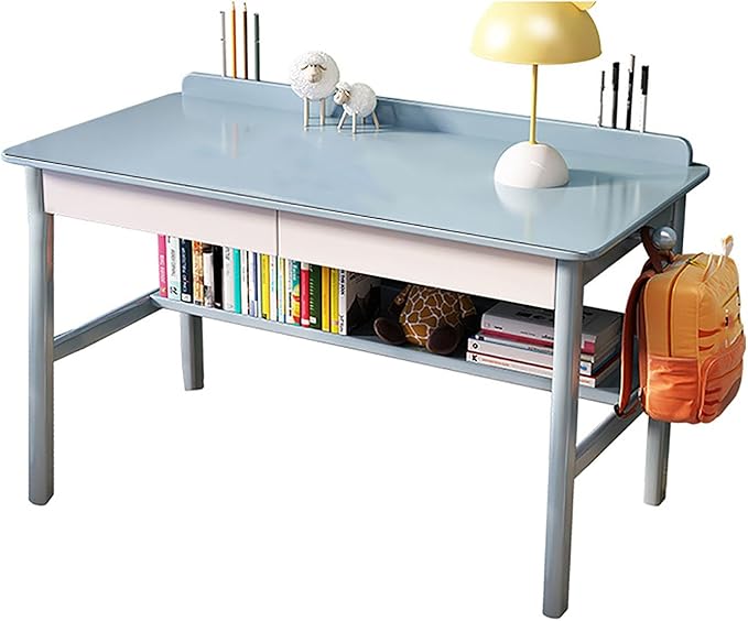 SAZDFY Solid Wood Home Office Desk Workstation, Writing Desk with 2 Drawer and Shelves,Mid Century Modern Computer Desk PC Study Table for Small Spaces(120x60x75cm(47x24x29in), Blue1)