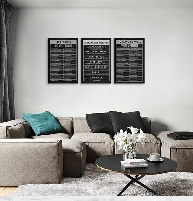 WYJZDZQ8 Inspirational Poster 40 Reasons to Workout Motivational Wall Art 3 Pieces Canvas Prints Millionaire Mindset Artwork for Home Office Decor Painting Pictures Framed Ready to Hang[48''Wx 24''H]
