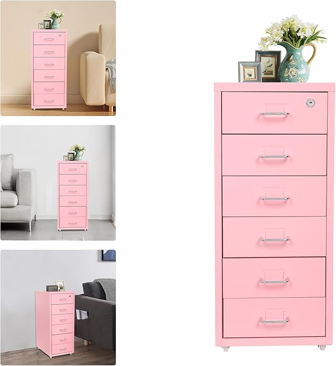 6-Drawer Metal File Cabinet, Metal Filing Storage Vertical Cabinets with Lock Home Office Filing Cabinets for Organization Hanging Letter/Legal/F4/A4 (Pink)