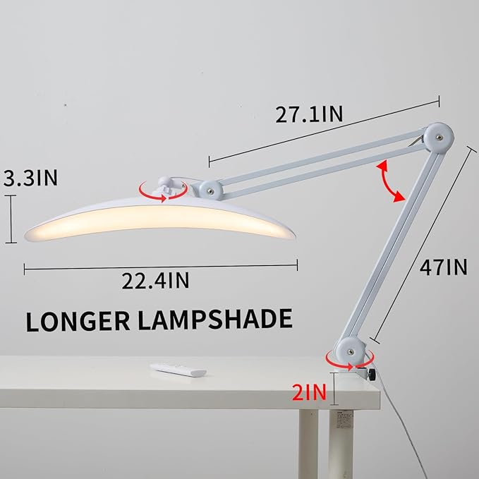 Upgraded 22" LED Desk Lamp with Clamp, 48W CCT Dimmable Home Office Lighting, Remote & Touch Control Swing Arm Task Light for Reading, Study, Drafting, Nail Art & Crafts, White