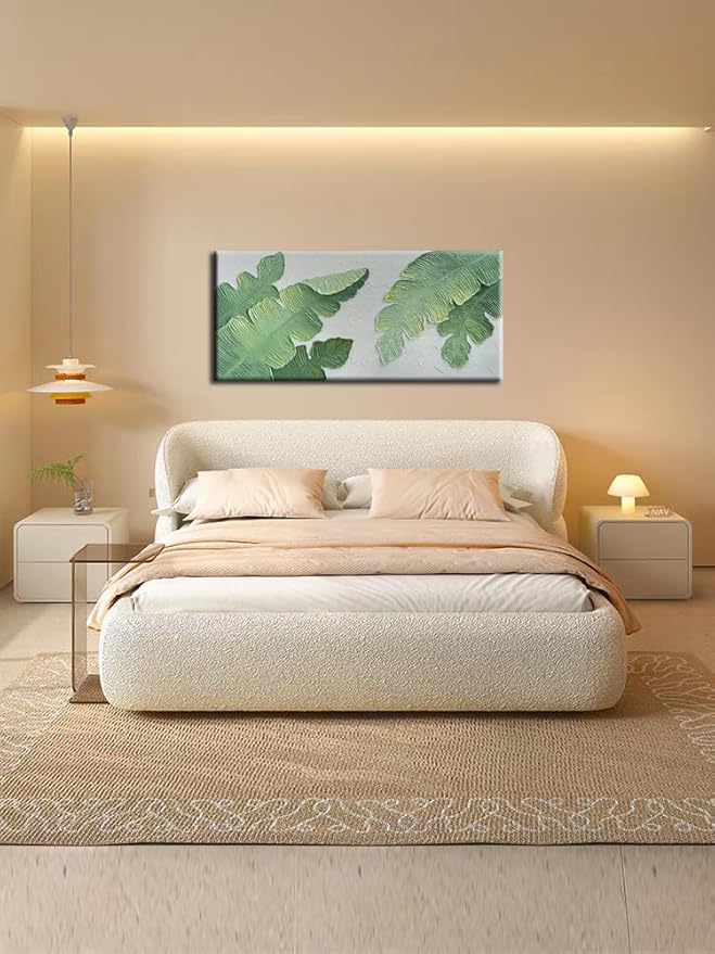 YaSheng Art- Handmade Modern Wall Art Oil Paintings , 3D Textured Wall Art Green Large leaf plant Artwork paintings ,Modern Minimalist Abstract Wall Art painting, Wall Art for living room Bedroom Wall Deco Home, Framed Wall Art Pictures 24X48 Inches