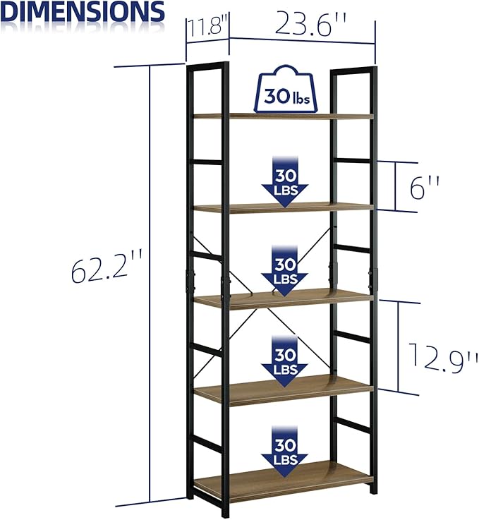 NUMENN 5 Tier Bookshelf, Tall Bookcase Shelf Storage Organizer, Modern Book Shelf for Bedroom, Living Room and Home Office, Dark Walnut