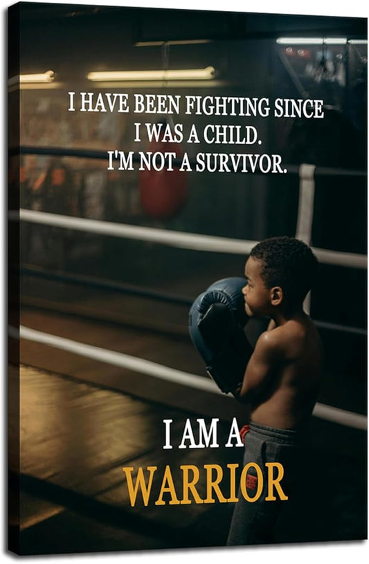 Motivational Wall Art I Am A Warrior Fighter Spirit Motivational Wall Decor for Boxing Gym Sports Room Home Bedroom Inspirational Boxing Poster Framed [24" W X 36" H]
