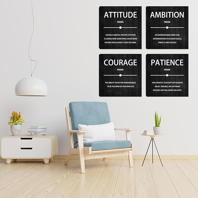 4 Panel Inspirational Canvas Wall Art, Motivational Office Wall Decor, Ambition Attitude Patience Courage Painting Posters Prints for Living Room Bedroom Home Office, 12x12-inch