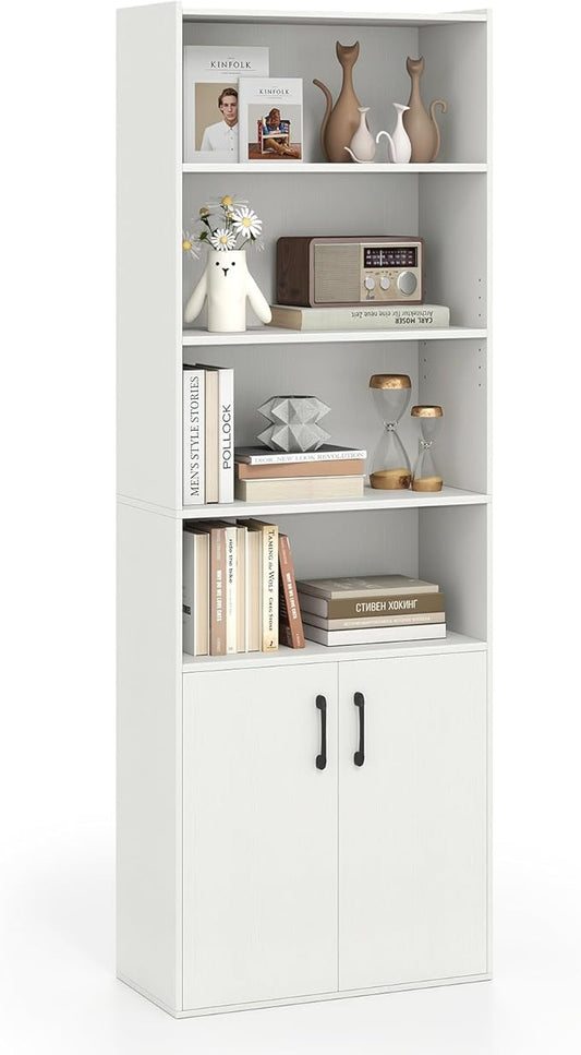 Giantex 70" Bookcase with 2 Doors, 6-Tier Modern Bookshelf w/Cabinet, Elegant Storage Cabinet, Adjustable Shelves, Multipurpose Display Rack, Storage Organizer for Living Room Bedroom Study (White)