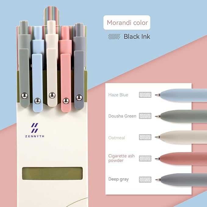 MengRan Gel Ink Pens Set,0.5mm Fine Point Tip,Quick Drying Ink, Cute Fancy Pens for Women Gifts for Women (5 Pcs Morandi-Black Ink)