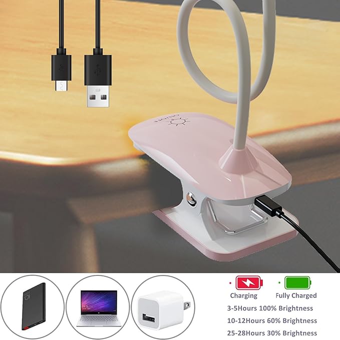 Clip On Reading Light, USB Rechargeable Desk Lamp for Dorm Room Essential, Clip On Light, 3 Color Touch Dimmable, Eye Protect, Pink