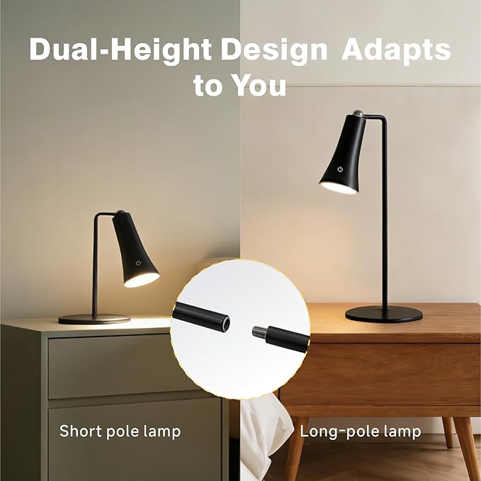 Rechargeable LED Desk Lamp, 4-in-1 Cordless Table Lamp, Magnetic Wall Mount LED Light, with Stepless Brightness, 3 Color Dimmable, 360° Rotation, For Reading, Office, Bedroom,Working, Hallway (Black)