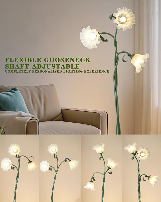 Flower Standing Lamp for Bedroom, Cute Floor Lamp with Flexible Neck, Bulbs Included, 3 Color Temperatures Vintage Tall Reading Lamp for Home Living Room Corner (Green)