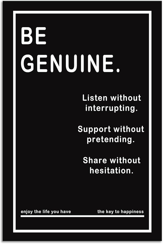Motivational Wall Art Office Decor Be Genuine Inspirational Black Office Wall Decor Inspiring Wall Art for Living Room Decor Wall Paintings Posters Artwork Bedroom Home Framed [24''W x 36''H]